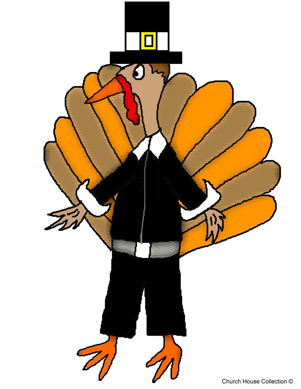 Free Thanksgiving Turkey Sunday School Lessons and Crafts for Childrens For Preschool Kids by Church House Collection- Turkey Wearing Pilgrim Hat and Outfit Clipart Cartoon